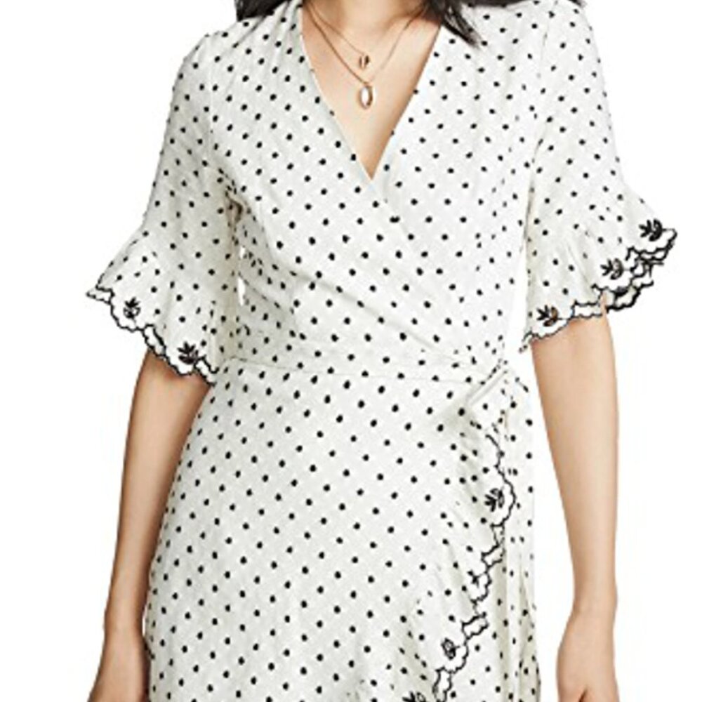 WAYF Hatty Linen Embroidered Polka Dot Wrap Ruffle Dress Size Extra Small